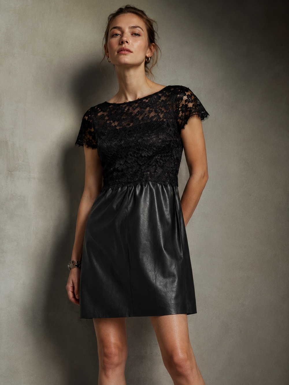 Bailey 44 Black Lace Leather Look Dress Size Small Quiet Luxury Edgy Chic Party